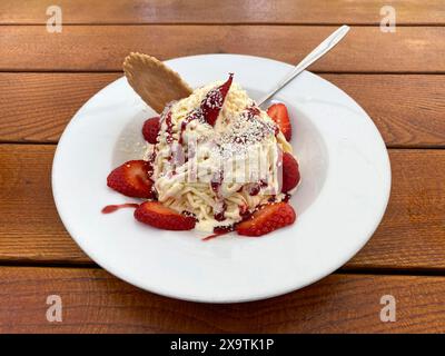 Spaghetti ice cream with strawberries, waffle, spoon, plate, food, Leipzig, Saxony, Germany Stock Photo