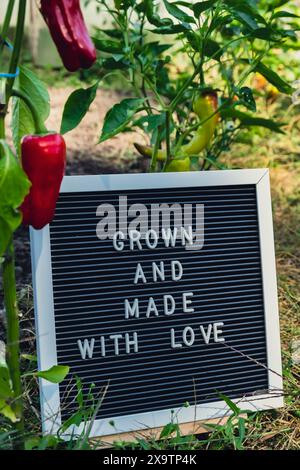 GROWN AND MADE WITH LOVE message on background of fresh eco-friendly bio grown bell pepper in garden. Countryside food production concept. Locally produce harvesting. Sustainability and responsibility  Stock Photo