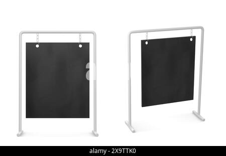 Pavement menu or announcement black chalk signboard mockup. Realistic 3d vector illustration set of chalkboard for sidewalk stand. Outdoor banner frame template for cafe and restaurant signage. Stock Vector