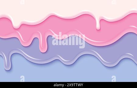 Three layers of pastel colored candy or ice cream drip. Realistic 3d vector illustration of sweet dessert border with melted flowing icing. White, pink and blue liquid glaze and delicious frosting. Stock Vector