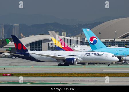 Air Premia Boeing 787 shown taxiing at LAX, Los Angeles International Airport. Los Angeles, California, March 16, 2024. Stock Photo