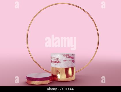 Minimal scene with pedestal, podium made of marble and gold over pink background, 3D Illustration. Stock Photo