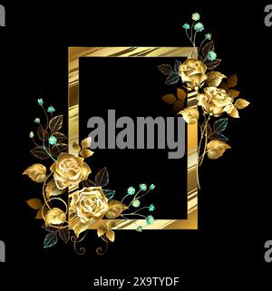 Rectangular gold foil frame decorated with golden, luxurious, sparkling roses with mint gypsophila on black background. Bouquet of golden roses. Stock Vector