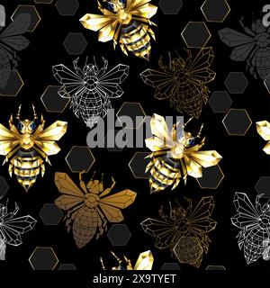 Seamless pattern of shiny gold and contour bees on  black background with honeycombs. Golden Bee. Stock Vector