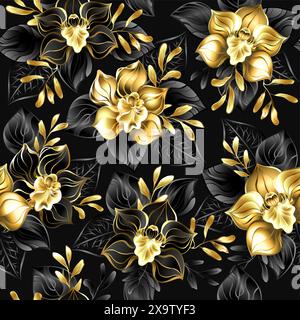 Seamless pattern with black and gold blooming orchids, richly decorated with black eucalyptus twigs and delicate jewelry pistachio twigs on black back Stock Vector