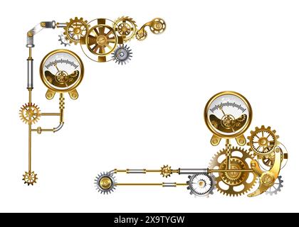 Frame with metal pipes, brass gears and antique manometer on white background. Steampunk style. Stock Vector