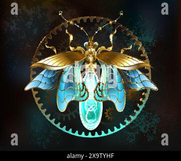 Mechanical firefly, artistically drawn in steampunk style, created from brass, with shiny, transparent wings and green, glowing light bulb on  brown t Stock Vector