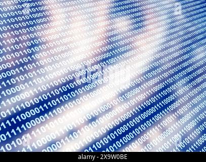 Horizontal futuristic background with binary code and abstract circuit board. Global communication, cyber technology and networking concept. 3d render Stock Photo