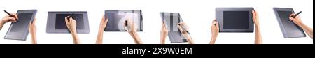 Hand holding digital graphic pen and drawing graphic tablet for illustrators, designers and photographers isolated on white background Stock Photo