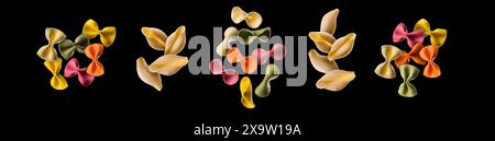 Flying of different type of pasta isolated on black background. Stock Photo
