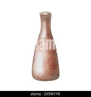 Tall vase with narrow neck in watercolor illustration isolated. Vase pink ceramic unique slim shapes hand drawn. High vase in rustic aesthetic. For ce Stock Photo