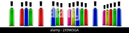 A row of colorful glass bottles with caps creates a striking visual display, showcasing a vibrant collection Stock Photo