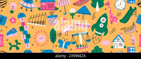 Colorful seamless pattern with kindergarten doodles. Butterfly, toys, flower, umbrella, house, sun, tree, animals and other elements Stock Vector