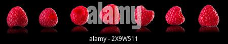 Set of macro photo of raspberry isolated on black background. Stock Photo