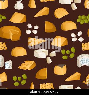 Bright pattern of different types of cheeses and fruits. Appetizers, snacks for wine. Vector illustration in realistic style Stock Vector
