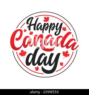Happy Canada Day hand drawn calligraphy with maple leafs in a circle. Happy Canada day vector typography illustration. 1st July independence day Stock Vector