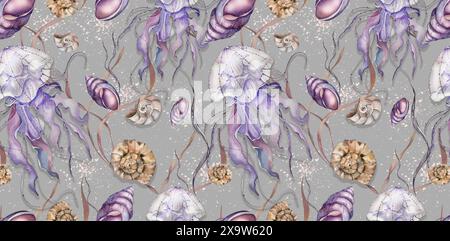Seamless Pattern. Seashell, Jellyfish, Algae. Watercolor illustration. Lilac Background. for Invitations, Summer Accessories, Postcards, Travel Lists, Stock Photo