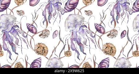 Seamless Pattern. Seashell, Jellyfish, Algae. Watercolor illustration. White Background. for Invitations, Summer Accessories, Postcards, Travel Lists, Stock Photo