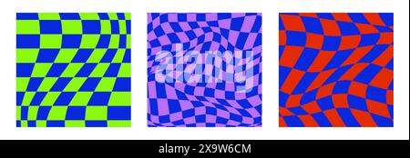 Psychedelic Checkerboard. Set of Trippy checkered wallpaper. Groovy Backgrounds. Hippie vector illustration in Y2k style. Vintage distorted geometric Stock Vector
