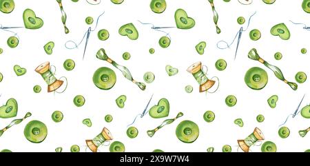 Seamless Pattern Green Buttons Different Shapes, Needles, Threads. Watercolor illustration. For Blogs, Websites, Handicrafts, Sewing Tools Packaging, Stock Photo