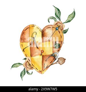 Watercolor illustration. Decorative Heart Shape Pincushion with Needles, Pins, Buttons. Children's Vintage Illustration. For Design Blogs, Websites, P Stock Photo