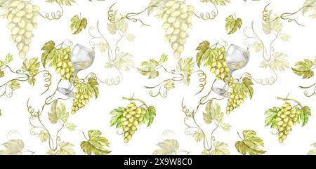 Seamless Pattern Yellow Grape Bunches, Vine, Berries, Leaves, Glass of White Wine. For Menus, Recipes, Wine and Juice Labels, Business Cards, Postcard Stock Photo