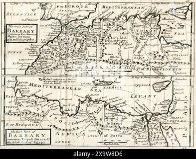 18th century map by Herman Moll showing, The West Part of Barbary Containing Fez, Marocco Algiers and Tunis - The East Part of Barbary containing Tripoli, Barca and the North Part of Egypt. Stock Photo