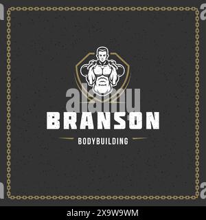 Fitness gym badge or emblem vector illustration. Man bodybuilder lifting kettlebells silhouette for t-shirt or print stamp. Retro typography logo desi Stock Vector