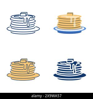 Stack of pancakes icon set in flat and line style. Blini or crepes with melting butter on top. Vector illustration. Stock Vector