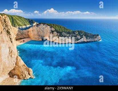 Navagio Beach or Shipwreck Beach is a beautiful natural landmark located on the northwest coast of Zakynthos Island in Ionian Sea in Greece Stock Photo