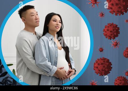 Happy pregnant woman and her man at home. Strong immunity - resistance against infections. Illustration of viruses Stock Photo