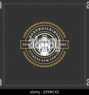 Bodybuilder man logo or badge vector illustration, male hands holding kettlebells symbol silhouette. Retro typography fitness emblem design template o Stock Vector