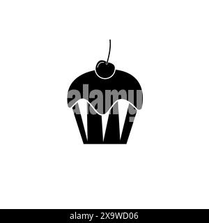 Sweet Cup Cake with Cherry Solid Flat Vector Icon Isolated on White Background. Stock Vector