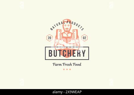 Hand drawn logo male butcher holding knife silhouette and modern vintage typography retro style vector illustration. Butcher man logotype for farm mea Stock Vector