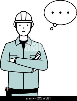 Man in helmet and workwear with crossed arms, deep in thought, Vector Illustration Stock Vector