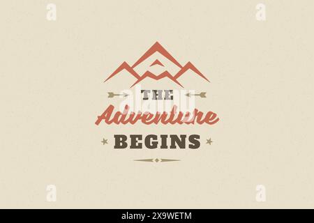 Quote typography with hand drawn mountain rock symbol for greeting cards and posters and other. The adventure begins phrase or sayings with design ele Stock Vector