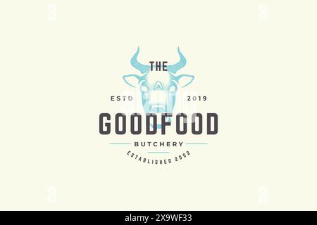 Hand drawn logo cow head silhouette and modern vintage typography retro style vector illustration. Logotype for dairy milk emblem, farm meat market pa Stock Vector