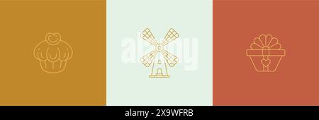 Vector line minimal decoration design elements set - wind mill and gift box illustrations simple minimal linear style. Bundle mystical outline graphic Stock Vector