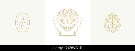 Vector line decoration design elements set - female face and monstera leaf illustrations simple minimal linear style. Bundle mystical outline graphics Stock Vector