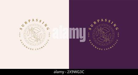 Female hands sign ok with fingers line vector logo emblem design template illustration simple minimal linear style. Outline graphics for cosmetic prod Stock Vector