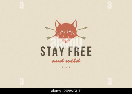 Quote typography with hand drawn wolf head symbol for greeting card or poster and other. Stay free and wild phrase or sayings with design elements vec Stock Vector