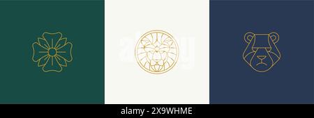 Vector line minimal decoration design elements set - lion and bear heads illustrations simple minimal linear style. Bundle mystical outline graphics f Stock Vector