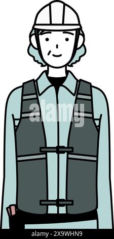 Senior female engineer in helmet and work wear with a smile facing forward, Vector Illustration Stock Vector
