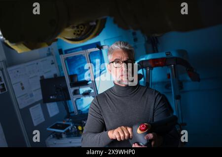 Automation engineer, technician holding remote controller of robotic arm. Concept of modern technology in industries, automated processes, robotics. Stock Photo