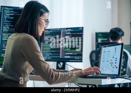 Asian software developers working on multiple screens displaying code and application diagrams in a modern office Stock Photo