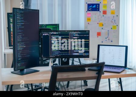 Software development office Workstation setup with multiple monitors displaying code and development diagrams during a nighttime coding session Stock Photo