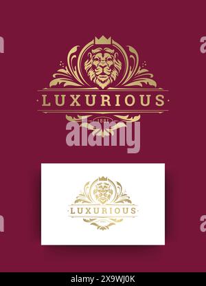 Luxury logo monogram template design vector illustration. Royal monogram crest brand vintage vignette ornaments. Lion head silhouettes. Stock Vector