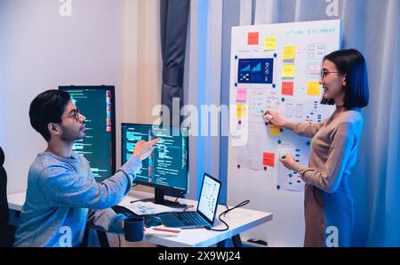 Asian software developers teams working on multiple screens displaying code and application diagrams at night in modern office Stock Photo