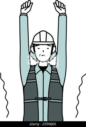 Senior female engineer in helmet and work wear stretching and standing tall, Vector Illustration Stock Vector