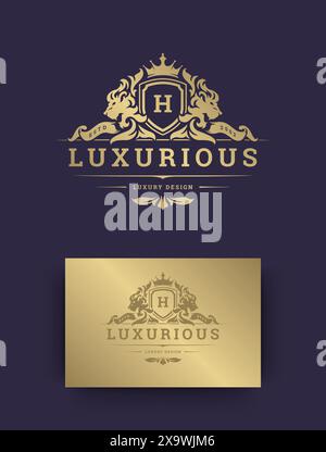 Luxury logo monogram template design vector illustration. Royal monogram crest brand vintage vignette ornaments. Lions silhouettes. Stock Vector